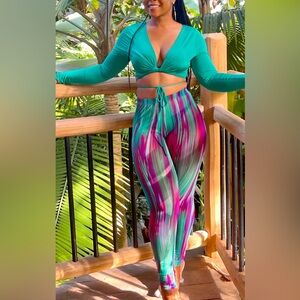 Vibrant Teal and Multicolor Two-Piece Set